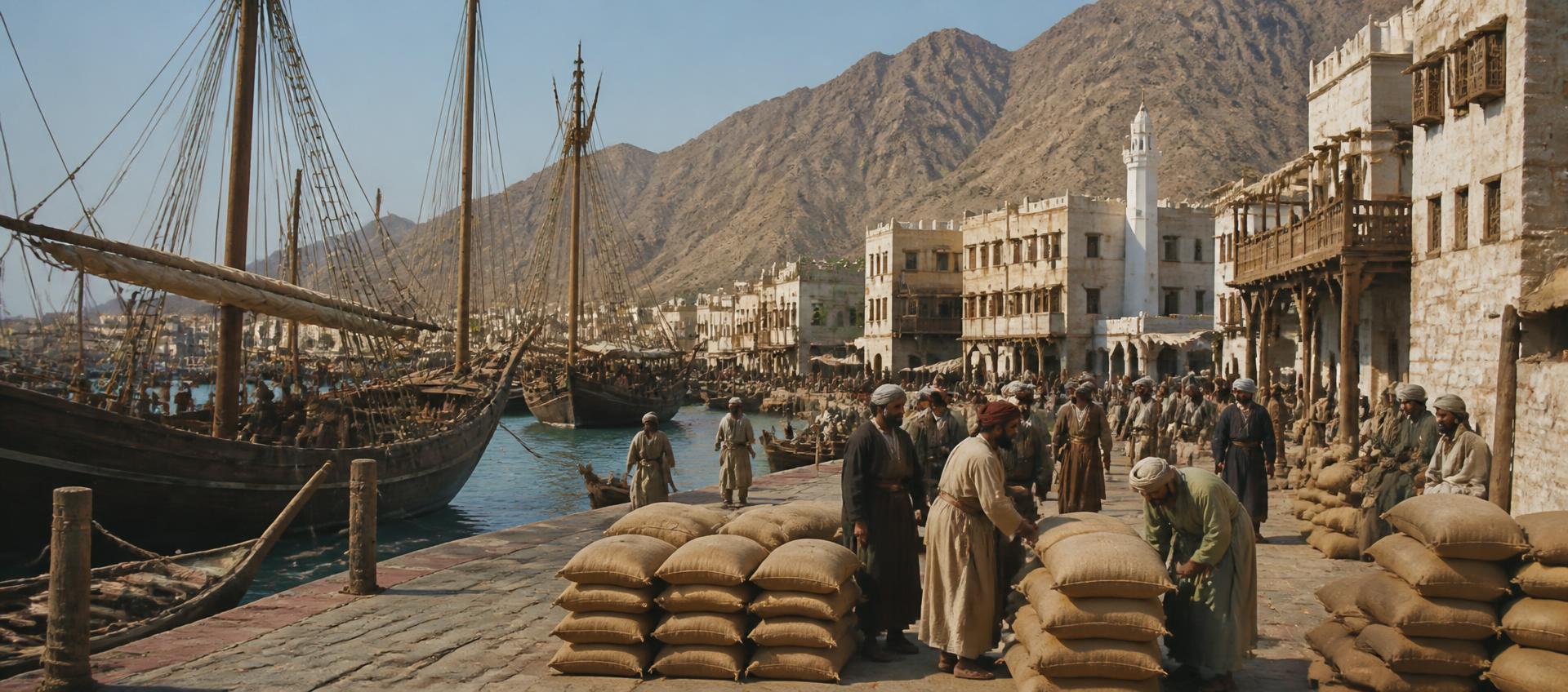 Historic re-creation of coffee cargo and merchant ships at Yemen's Port of Mocha.
